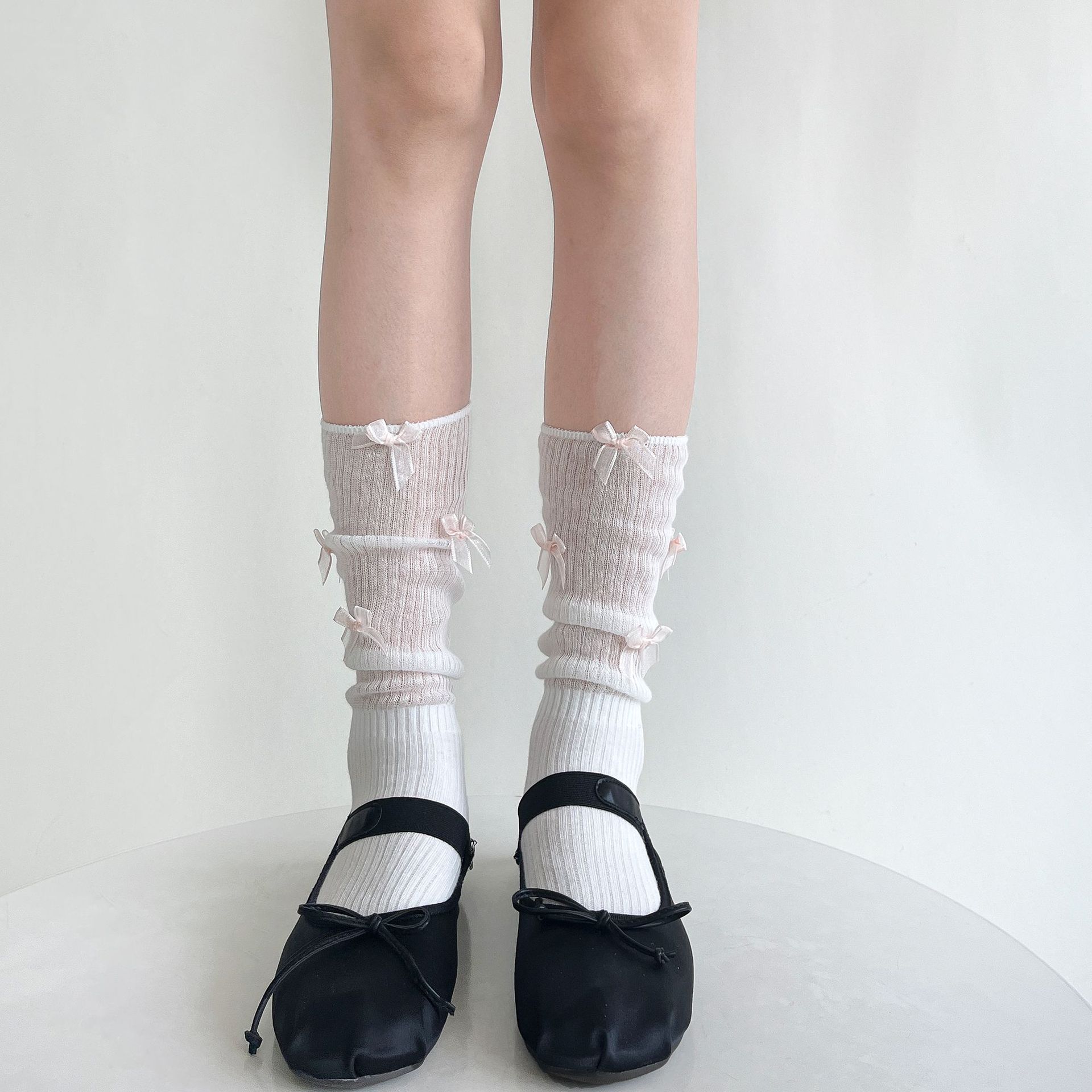 Summer Thin Cotton Sock-Like Ankle Socks Solid Color Mid-Calf Cute Bow-Knot Japanese-Style Simple All-Match JK Socks for Women Standard