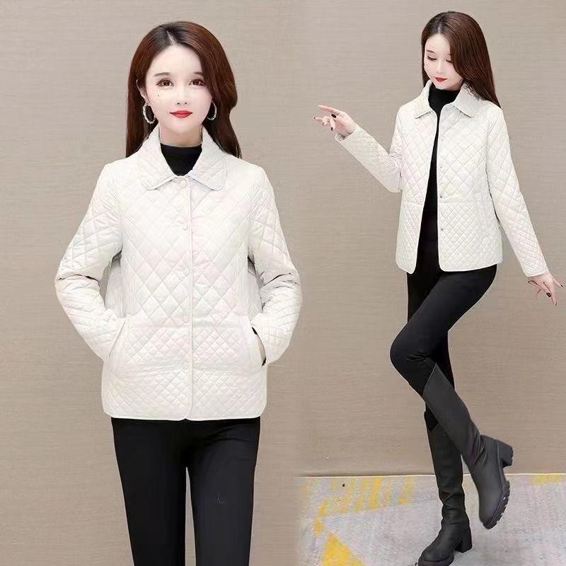 Small rhombus grid padded cotton-padded clothes for women's winter new large size slim and thin lapel thin cotton clothes for women