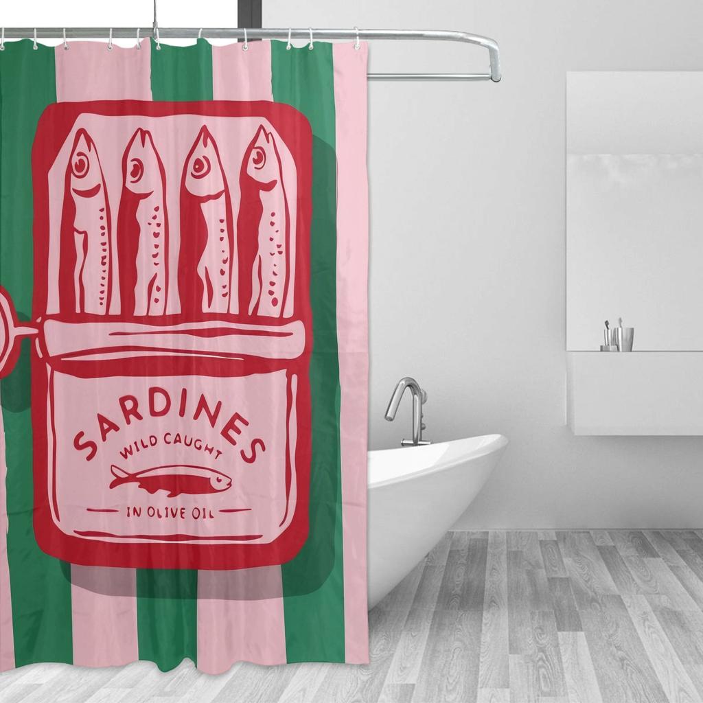 Sardines In Olive Oil Print Shower Curtain - Durable Polyester Bathroom Decor, Easy To Clean & Maintain, Stylish Fish Design