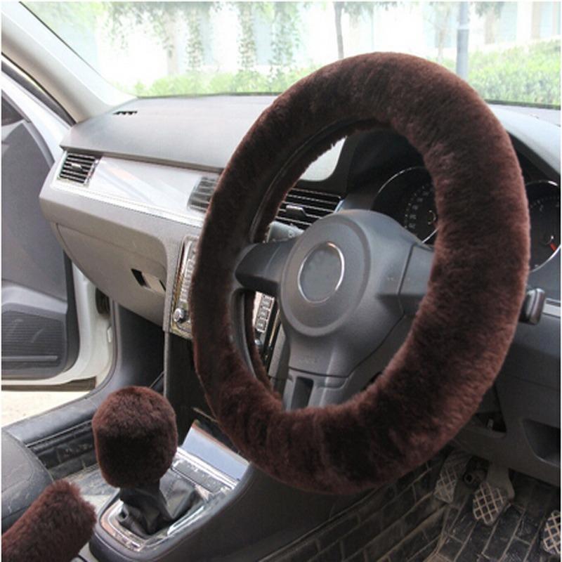 3Pcs/Set Universal Plush Car Steering Wheel Covers Winter Faux Fur Hand Brake & Gear Cover Set Car Interior Accessories 38cm