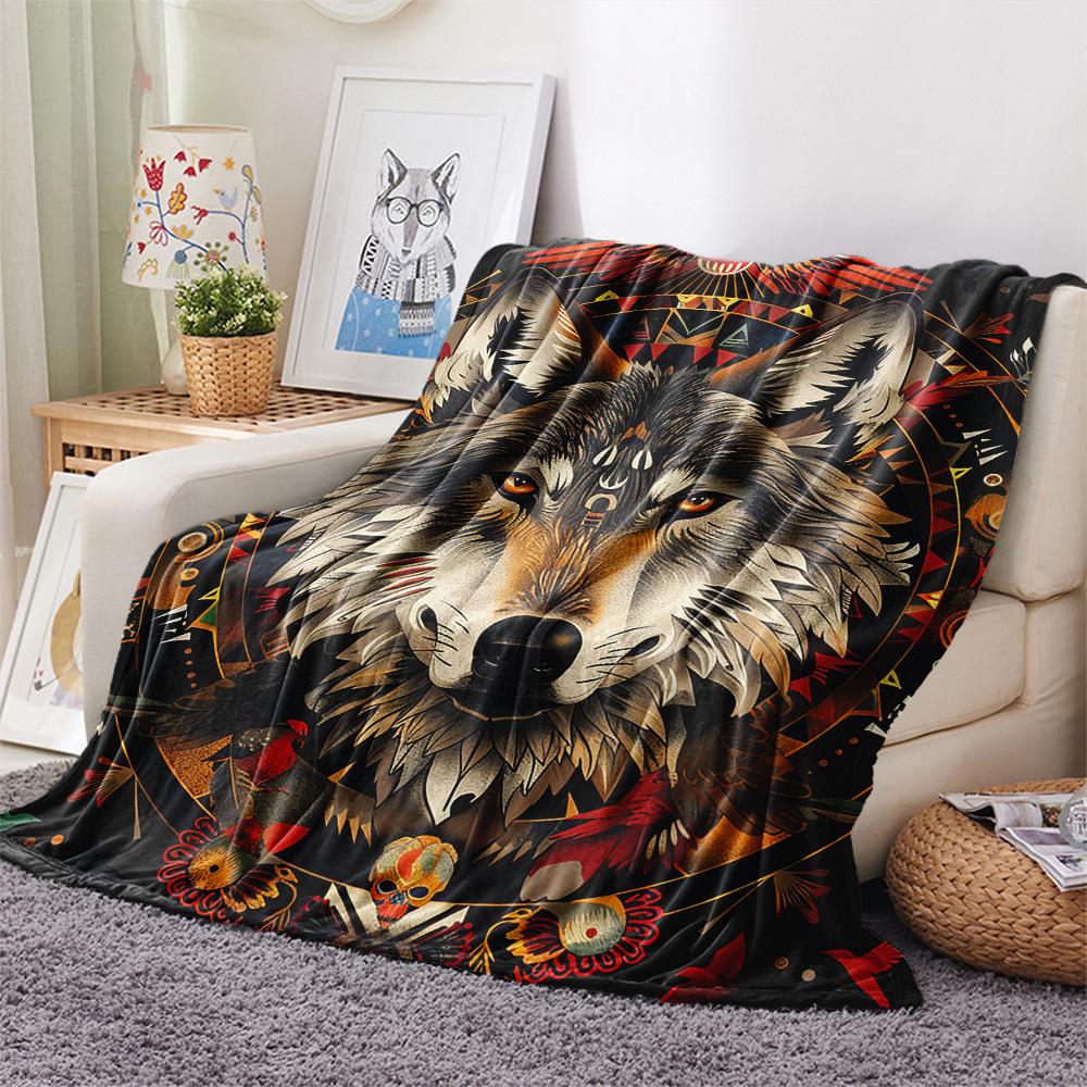 Primitive Wolf Print Flannel Blanket, High quality Comfortable for All Seasons, Home Decor, Warmth and Comfort, Perfect for Christmas Gifts