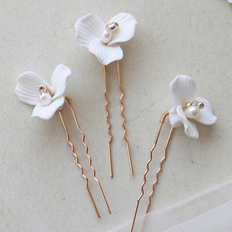Diadema da Sposa Fiore in Argilla Ceramica Cristallo Perla Pettine per Capelli Spille Accessori Copricapo da Donna per Matrimonio Festa Idee Acconciature