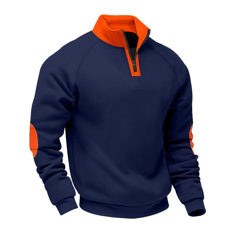 Men's New Color Block Stand Collar Pullover Sweatshirt, Heavyweight Fleece Lined Loose Long Sleeve Top for Spring Autumn Casual Wear