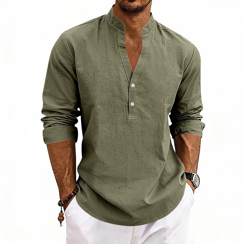 Nueva Colección de Lino de Otoño: Camisa Henley Casual para Hombre, de Corte Holgado y Transpirable, con Cuello en V