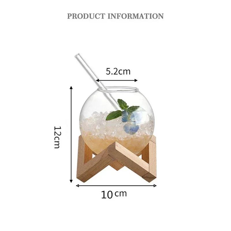 Koktejlová sklenice s dřevěným stojanem Kreativní barové sklo Sklenice na pití Kulatá koule Koktejlový hrnek Smoothie Ovoce Měsíční džus Tumbler