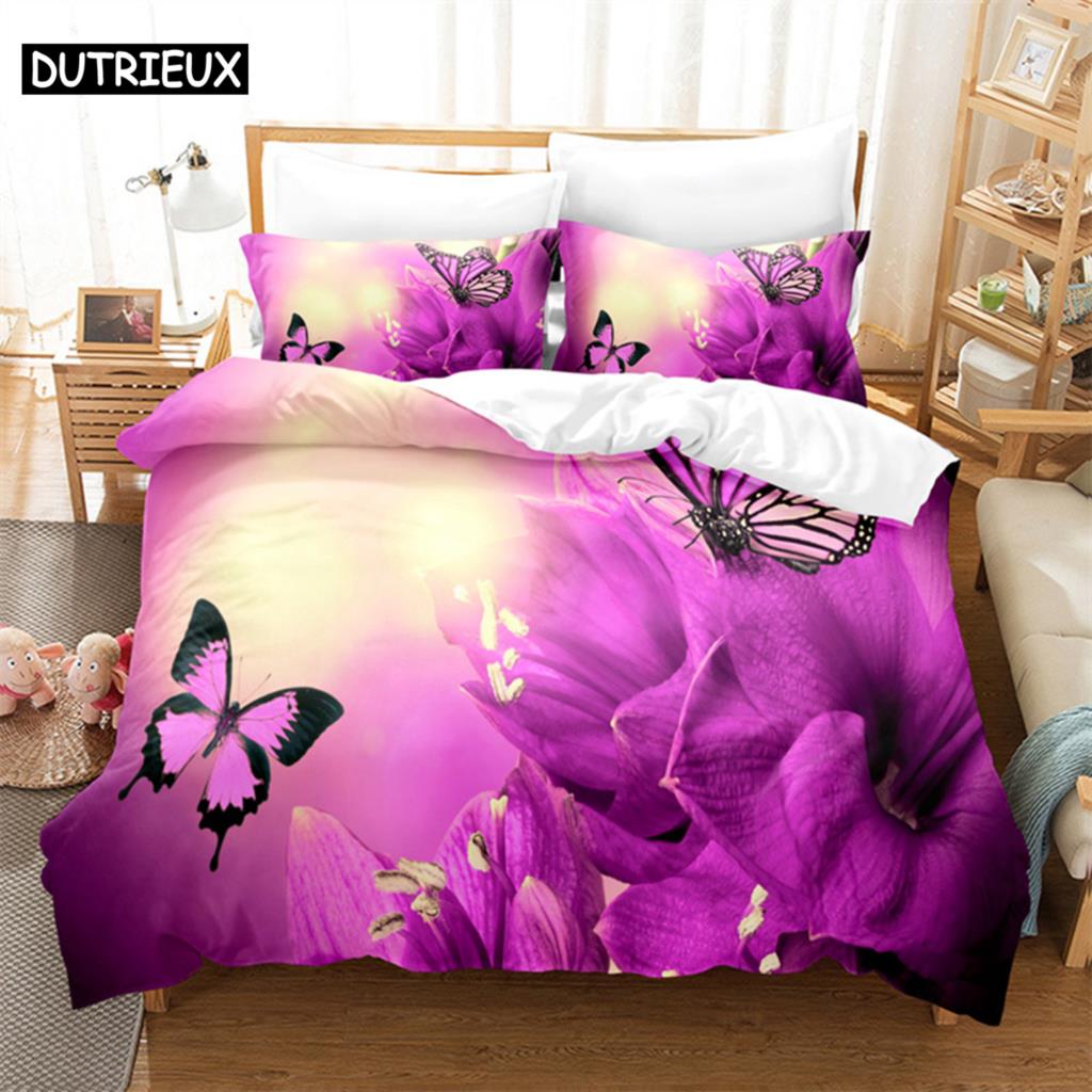 Purple Flower Duvet Cover Set Double Bed 200x200 Thin Floral Bedding Set 3PCS 2PCS with Pillowcase Single Quilt Cover 220x240
