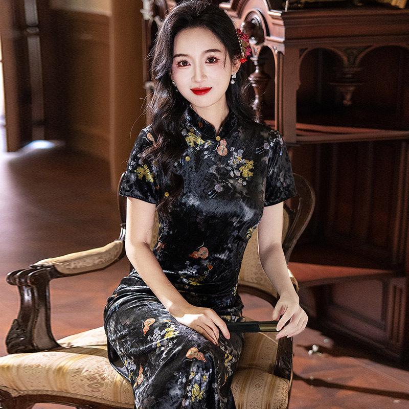 Black velvet national style new Chinese long improved cheongsam new young women's high-end dress summer