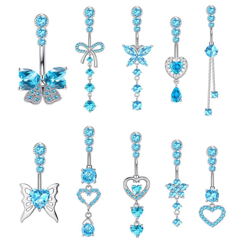 Blue Zircon Belly Button Rings Dangle Heart Butterfly Navel Piercing Stainless Steel Belly Bar Body Piercing Jewelry