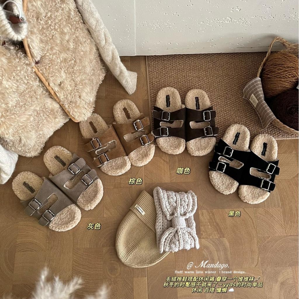 New round head with plush plush thick bottom matte leather warm wear half drag women's shoes