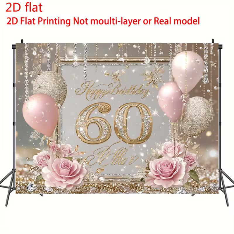 2D Pink Gold Glitter 60th Birthday Backdrop Home Party Celebration Photo Background