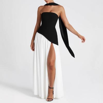 Europese en Amerikaanse lente/zomer kleurblok dames strapless afslankende stijl straat off shoulder jurk