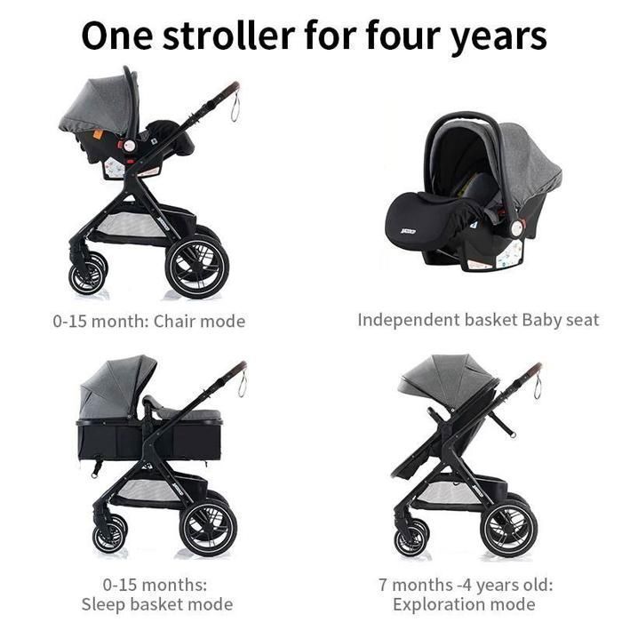 BAZARLAND30.Poussette 3 en 1 Bébé Combinée Siège-Auto Nacelle Trio Réversible Réglable Haute Qualité Roues increvables Canne.Noir