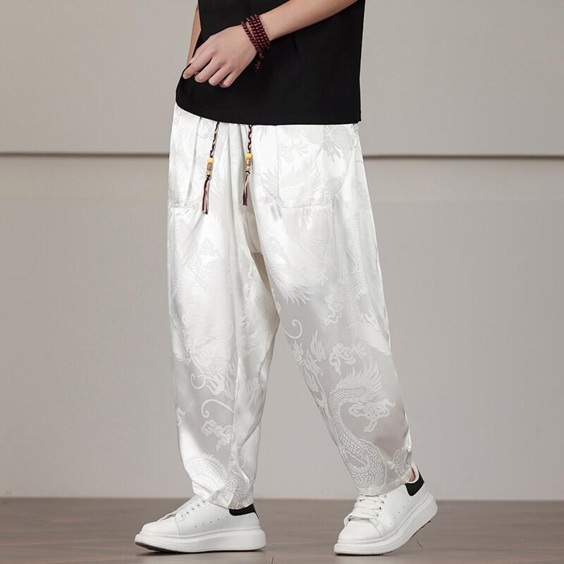 Men's Black Dragon Jacquard Elastic Waist Baggy Harem Casual Pants