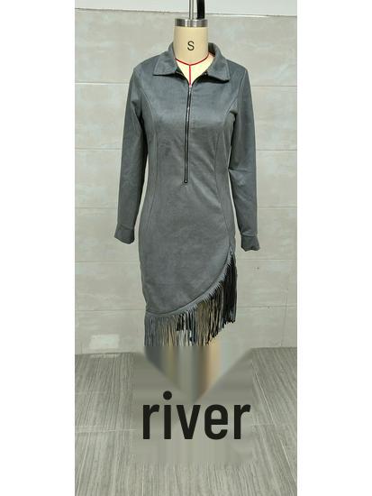 2025 Western Cowboy Style Suede Tassel Slim Fit Long Sleeve Dress