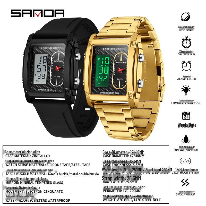 Sanda Men's Luminous Waterproof Multi-Function Electronic Watch with Dual Display