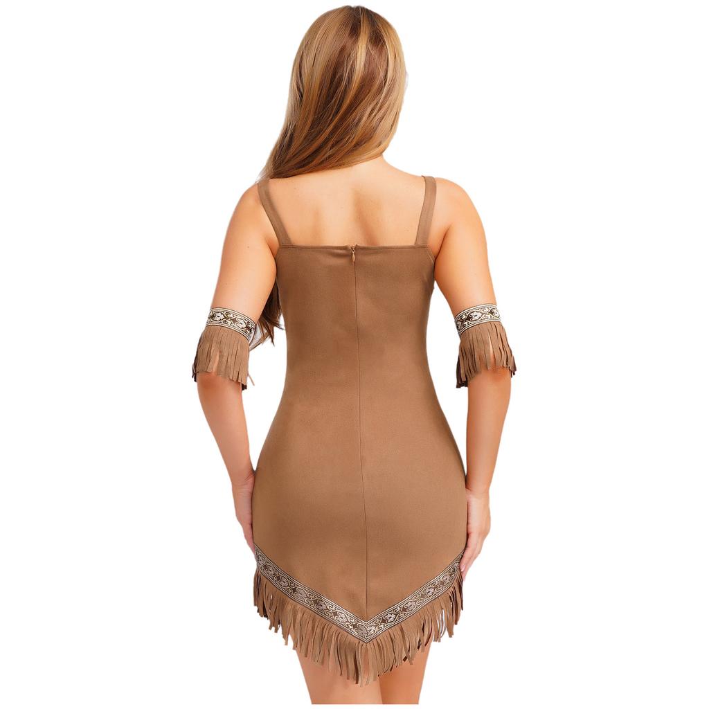 Costume Principessa Indiana Nativa da Donna 2pz Abito in Ecopelle Halloween Cosplay Pocahontas Uomo delle Caverne Principessa Selvaggia Abito con Frange