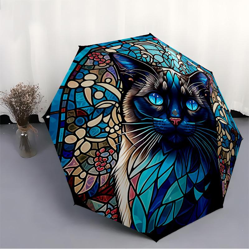 1pc Blue Cat Art Automatic Open/Close Umbrella, Umbrella with Cartoon Design, Portable Compact Umbrella for Men & Women, Good Holiday Gift Y