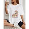 Floral Cat Print Oversized T-Shirt White Flower Animal Design For Casual Wear And Everyday Style