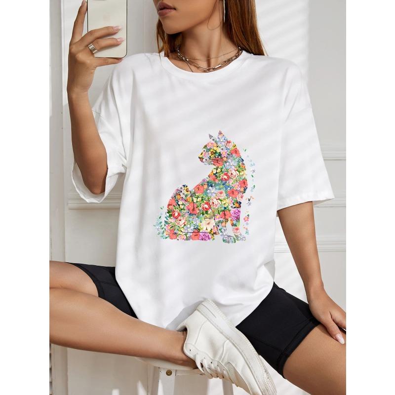 Floral Cat Print Oversized T-Shirt White Flower Animal Design For Casual Wear And Everyday Style