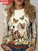 Women's Countryside Flower Tri Color Cat Imitation Non Textured Printed Long Sleeved T-shirt