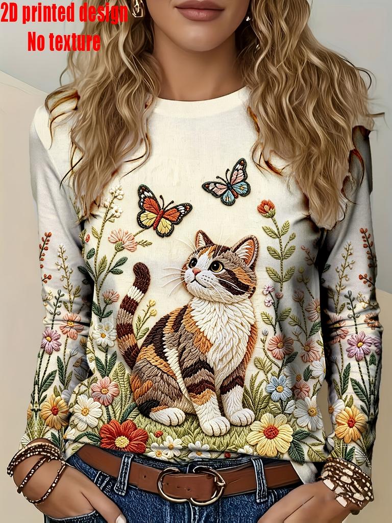 Women's Countryside Flower Tri Color Cat Imitation Non Textured Printed Long Sleeved T-shirt