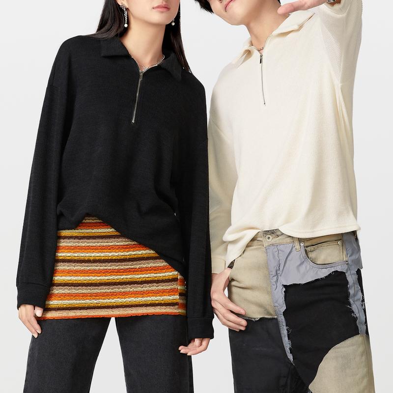 Unisex Women Men Zipper Lapel Neck Casual Loose Couple Pullovers Tops