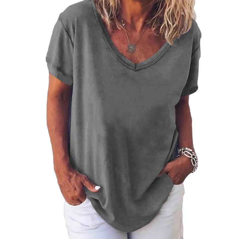 

2024 Европейская и американская женская однотонная футболка с V-образным вырезом и короткими рукавами Large серый