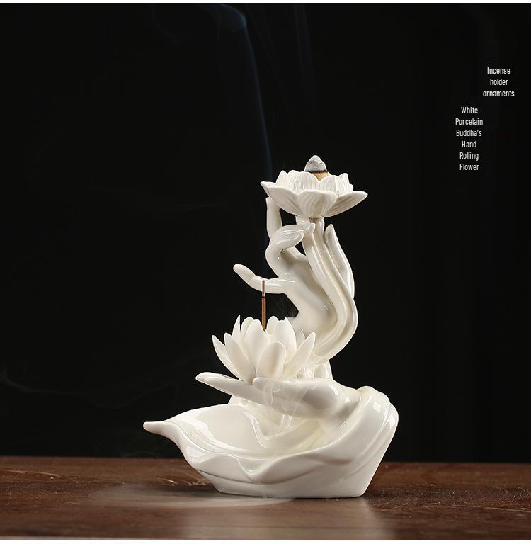 Zen Buddha Hand Ceramic Backflow Incense Burner with Light Ring and Heart Sutra Ornament for Indoor Decor