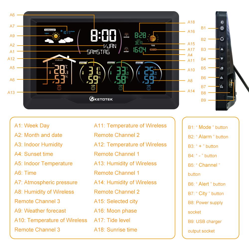 Weather Station Wireless Digital Indoor Outdoor Forecast Hygrometer Humidity Temperature Meter With 3 Sensors