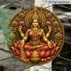 2D Flat, 1pc Diwali Goddess Lakshmi Red Lotus Gold Coin Round Metal Hanging Sign, Classic Ethnic Hindu Wealth Festival Retro Craft Plaque, Lucky