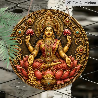 2D Flat, 1pc Diwali Goddess Lakshmi Red Lotus Gold Coin Round Metal Hanging Sign, Classic Ethnic Hindu Wealth Festival Retro Craft Plaque, Lucky