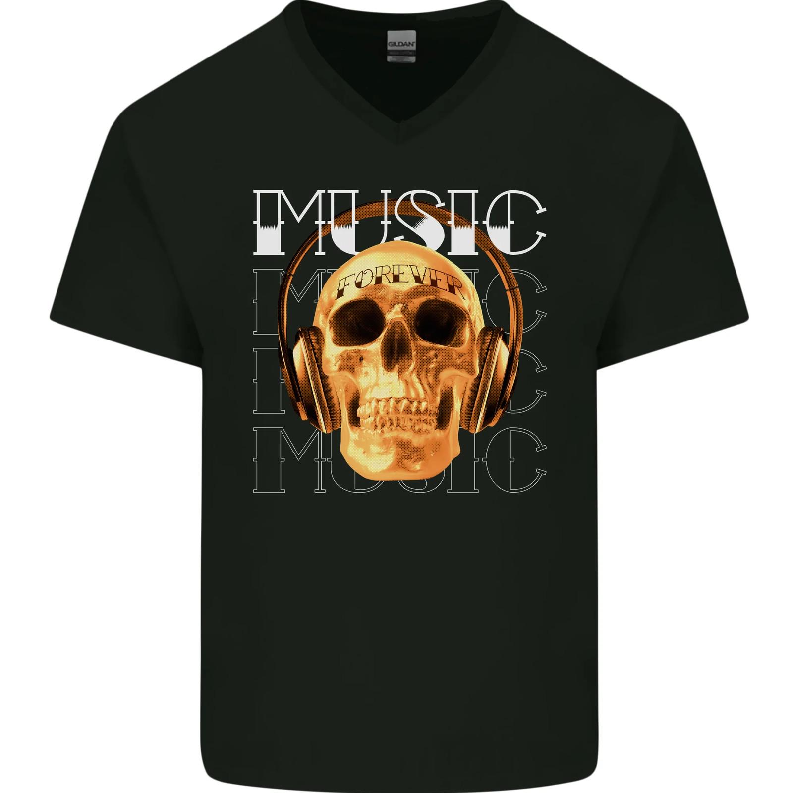 Forever Music Skull Rock Heavy Metal Punk Men Cotton VNeck T-shirt S