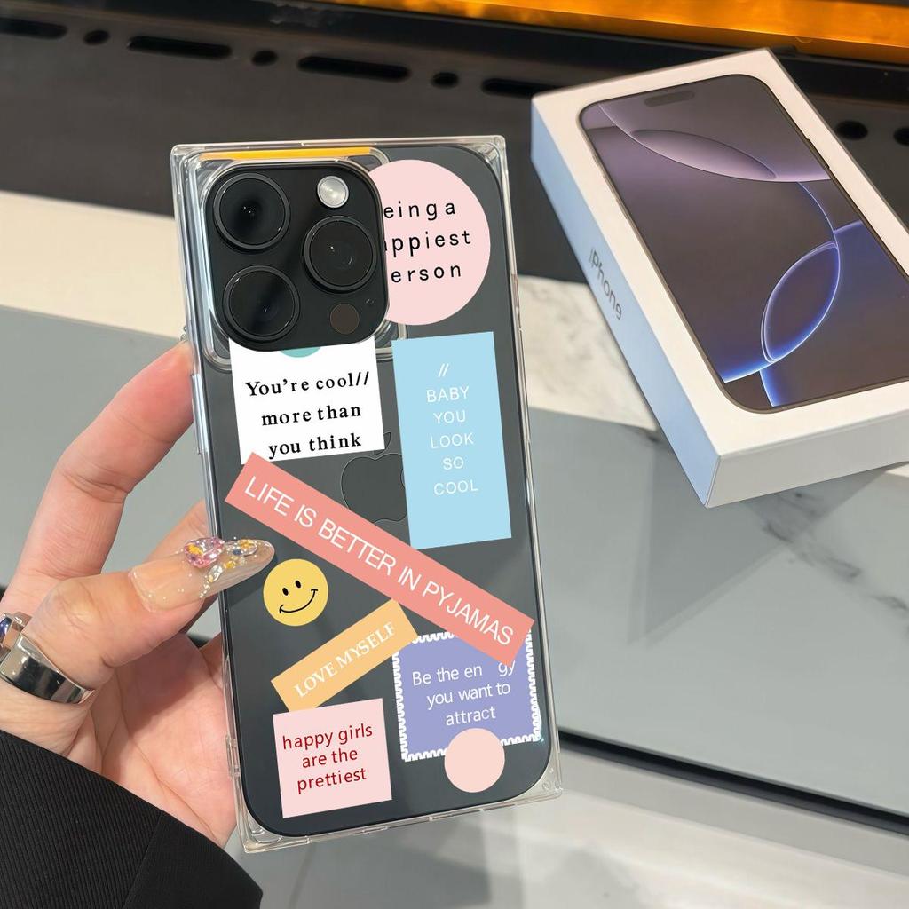 Clear Square Back Tube Case Protection For iPhone 15 Plus 12 16 ProMax 13 14 Pro Max 11 Anti-Oxygen,Smile Face in English Pattern Casing