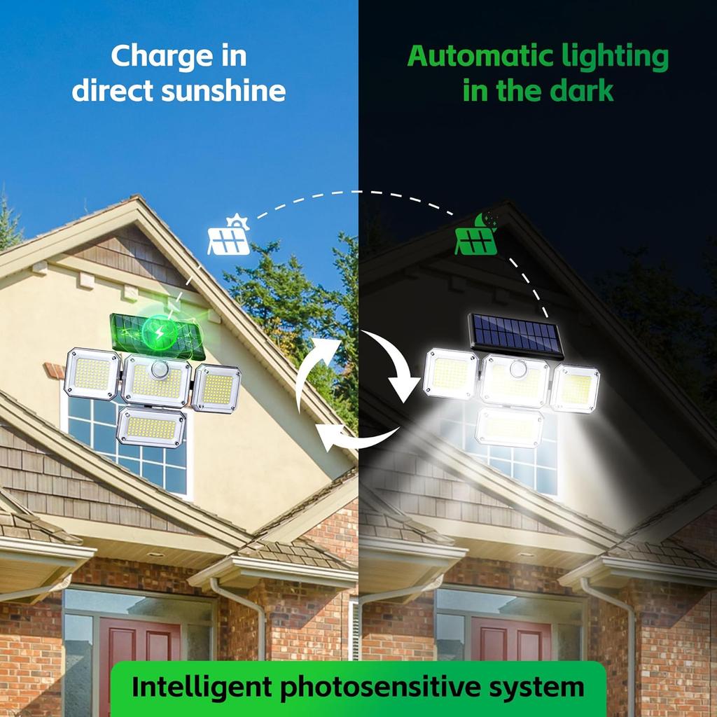 1 PACK Outdoor Motion Sensor Lamp, 4-Head Solar Power Light, 122 LED Solar Light, Flood Lights ,3000 Lumens,270° Lighting Range