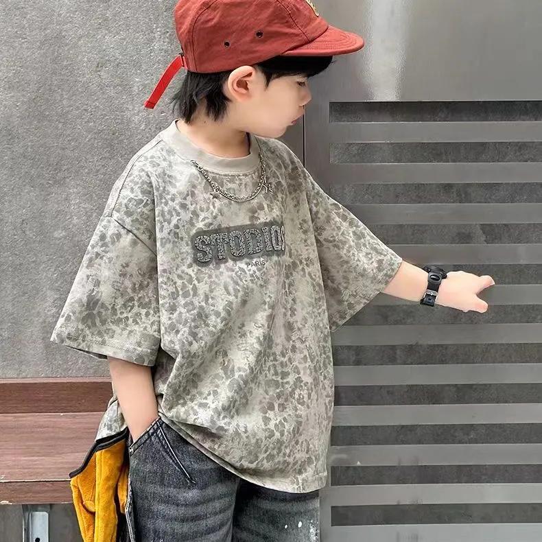 Teenager Jungen Mädchen Sommer Set Kinder Leo-Print Kurzarm Baumwoll-T-Shirt + Shorts 2-teiliges Set Locker Lässig Set