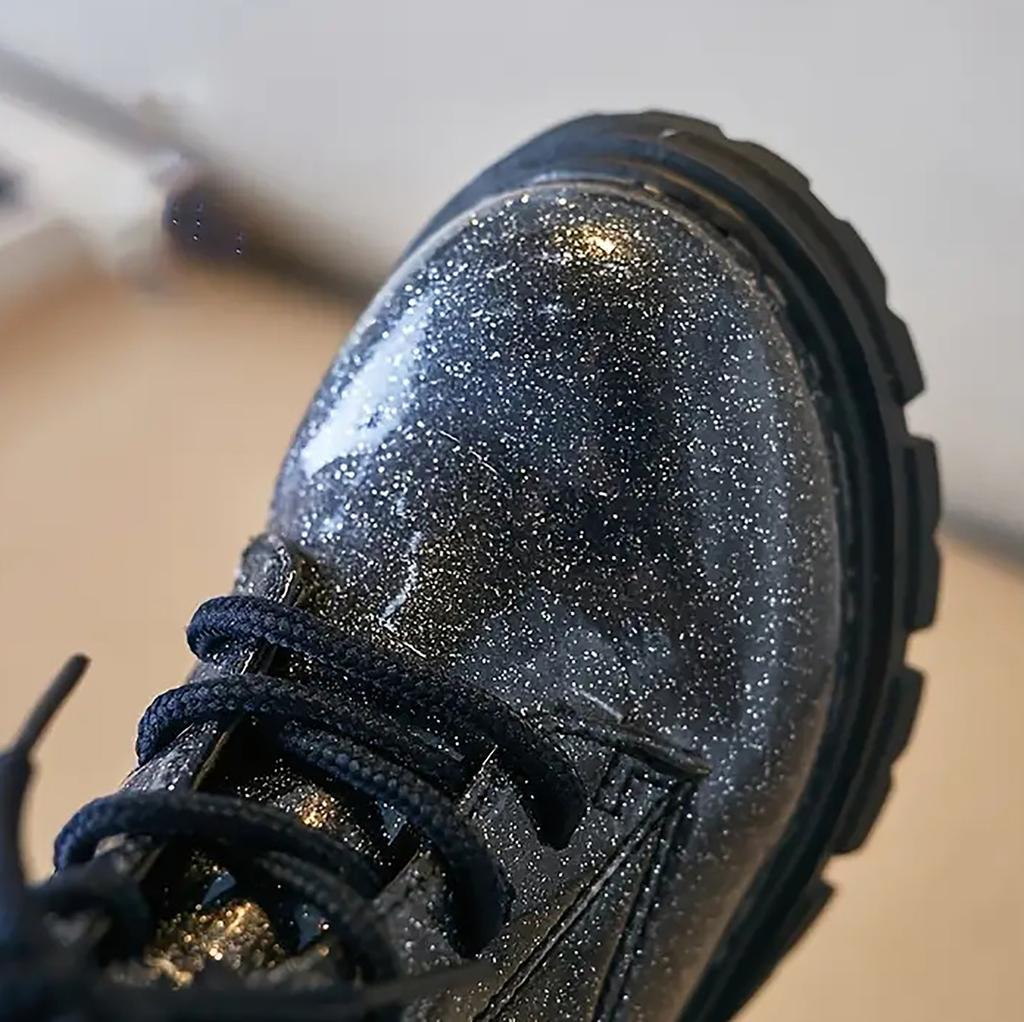Girls Ankle Boots Black Glitter PU Waterproof Butterfly Pearls Chic Kids Fashion Princess Boots Children Tie Bow Platform Boots