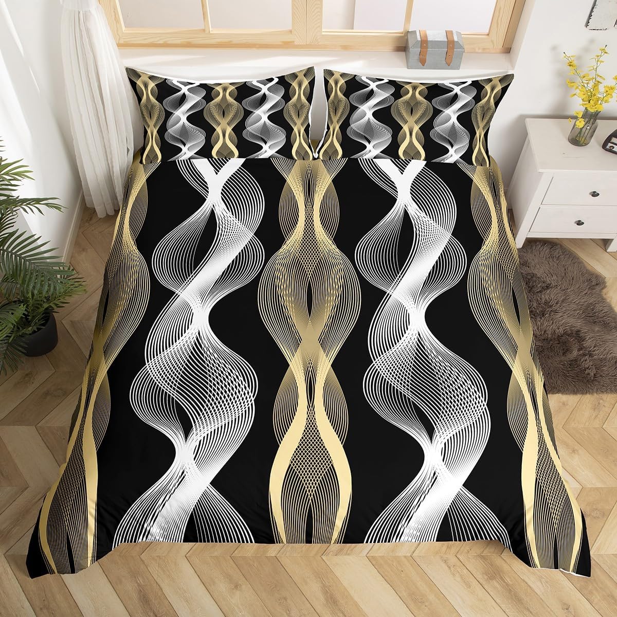 

Geometry Beding Set Ful Quen Modern Abstract Swirl Waves Soft with Soft Fabric Duvet Cover for Ten Aesthetic Geometrical Stripes Line Beding Set 100*200cm Single