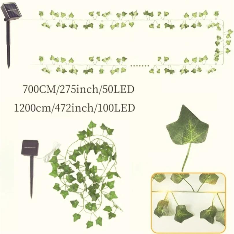 50/100LED Green Fairy Lights with Solar-Powered Artificial Ivy Leaves Featuring 8 Modes for Garden Wedding Christmas Decoration