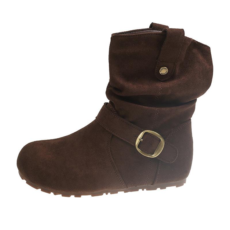Western Cowboy Boots Martin Boots Women's Shoes Retro Suede Buckle 2025 New Autumn Design Pleated Small Short Boots