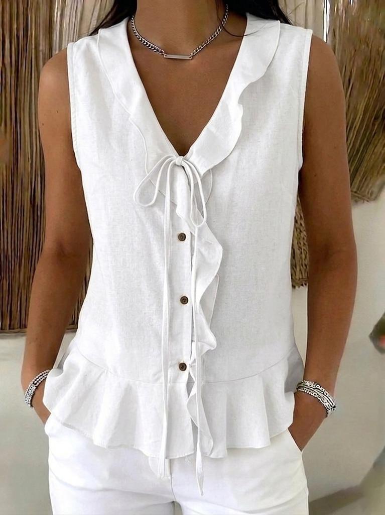 Women's Sleeveless V Neck Ruffle Front Tie Blouse Solid Color Peplum Hem Casual Summer Tank Top