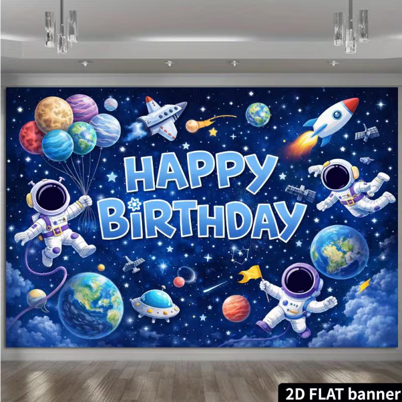 Outer Space Happy Birthday Backdrop, Astronauts and Planets for Kids Space Themed Birthday Party
