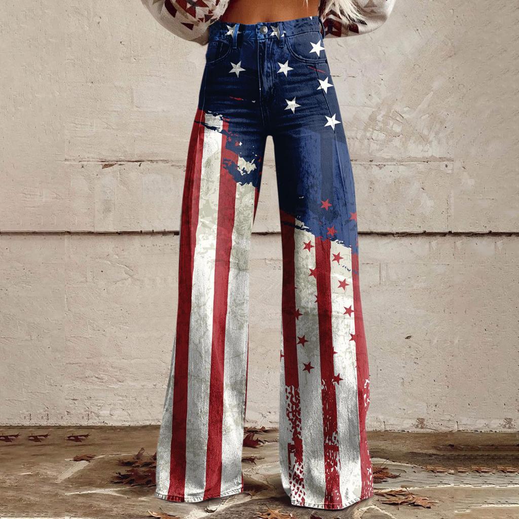 Wide Leg Flare Jeans For Women With Pockets Baggy Pants Vintage Floral Print High Waisted Loose Pant