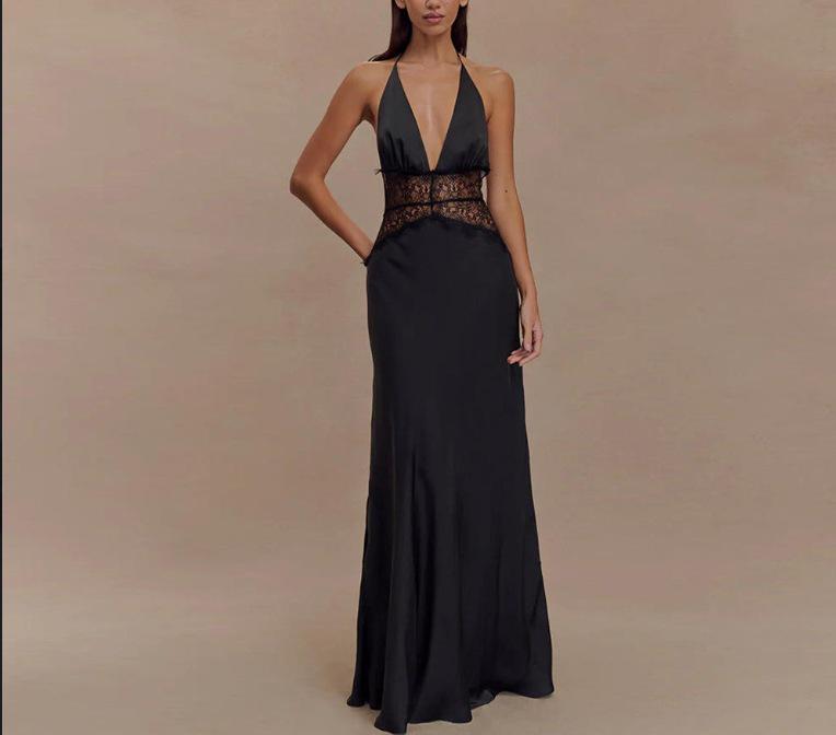 2025 Summer Elegant Deep V Silk Satin Halter Waist-Cinching Long Dress