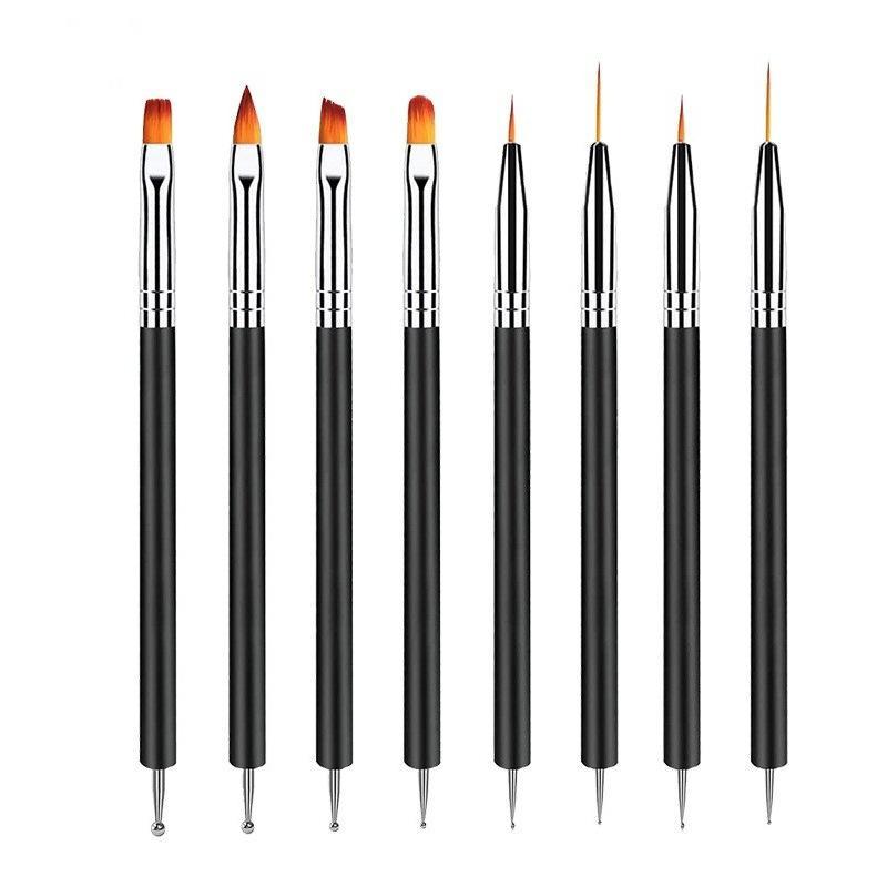 6Pcs Dual-Ended Nail Art Brush Set Black Handle Multi-Type Tips For Liner Uv Gel Painting Carving Manicure Tools Professional
