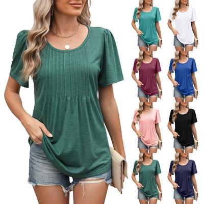 Summer Short Sleeve O Neck Wrinkle Solid Color Casual Women Pullover T Shirt Blouse Top