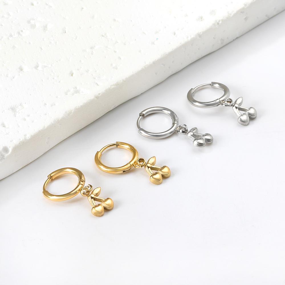Fashionable Cute Cherry Pendant Earrings Stainless Steel Daily Sweet Jewelry Gold Plated for Girls Women's Stud Earrings Gift