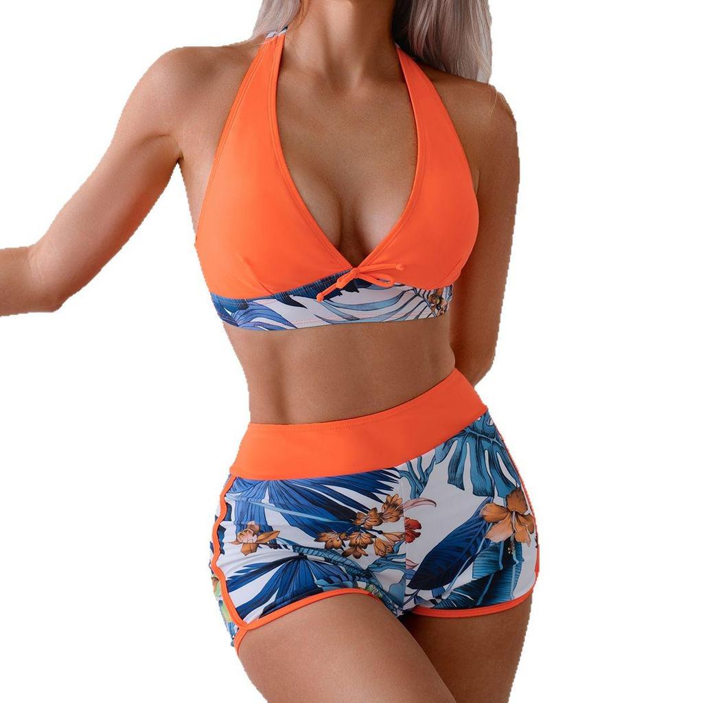 Women's Backless Halter Neck V-Neck Two-Piece Print Bikini