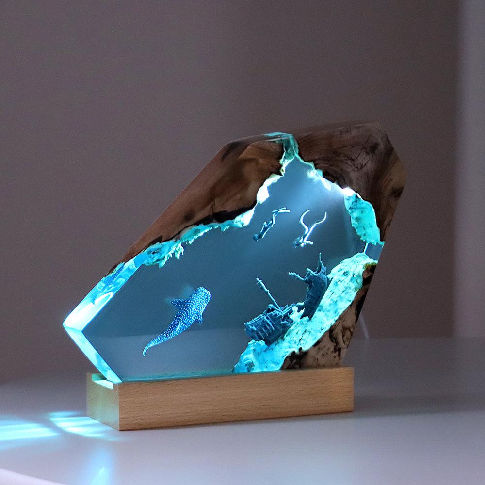 Resin Ocean Shipwreck Night Light, Shark & Whale Art Sculpture, Solid Wood Base - Home Bedroom Office Desk Decor Gift