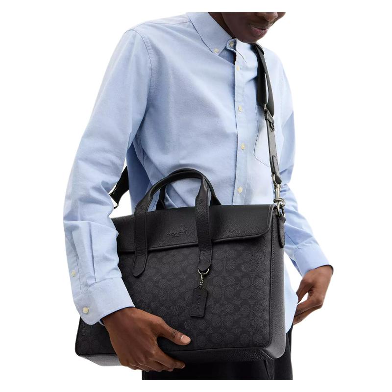 COACH Sullivan 38 logo printed magnetic closure coated canvas shoulder crossbody tote large men's black gray