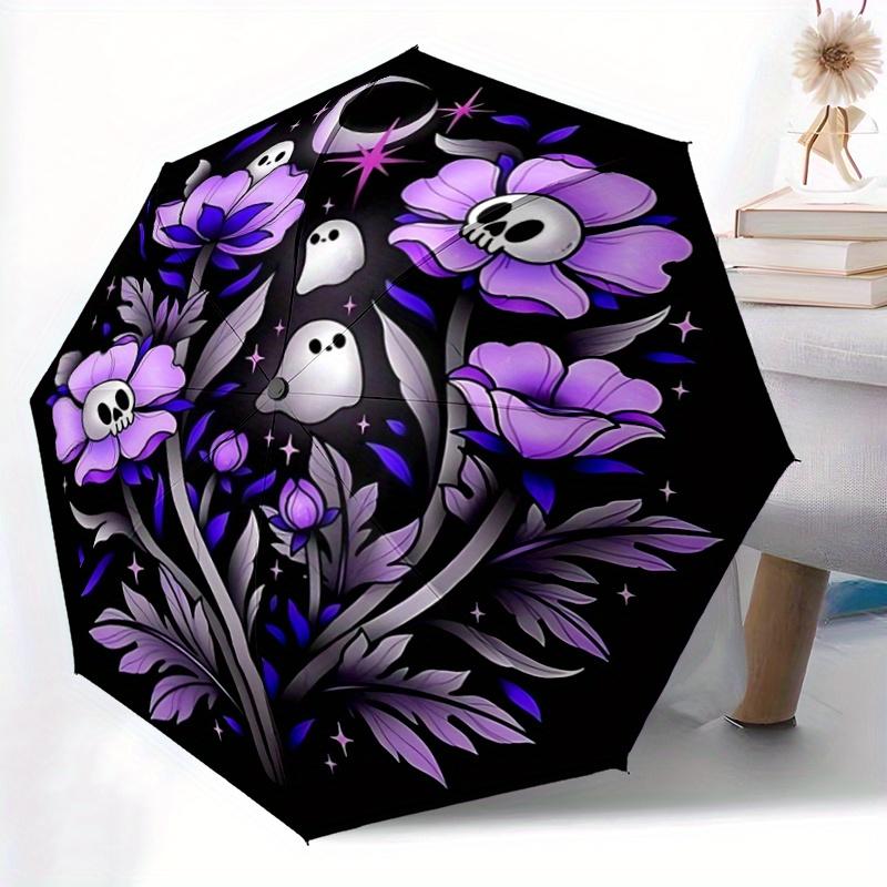 1pc Skeleton Ghost Flower Automatic Open/CloseUmbrella-CuteUmbrella with Cute Design, Portable 3-Fold Compact Umbrella for Men & Women, Vale